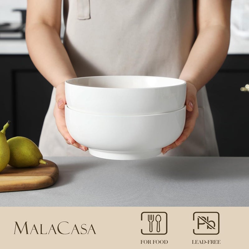 MALACASA مالاكاسا أطباق تقديم كبيرة 60 أونصة 8 أطباق سلطة مجموعة من 2 أطباق خلط بيضاء للمطبخ حساء مكرونة وعشاء أطباق سلطة كبيرة مجموعة آمنة في غسالة الصحون والفرن سلسلة عادية - Image 3