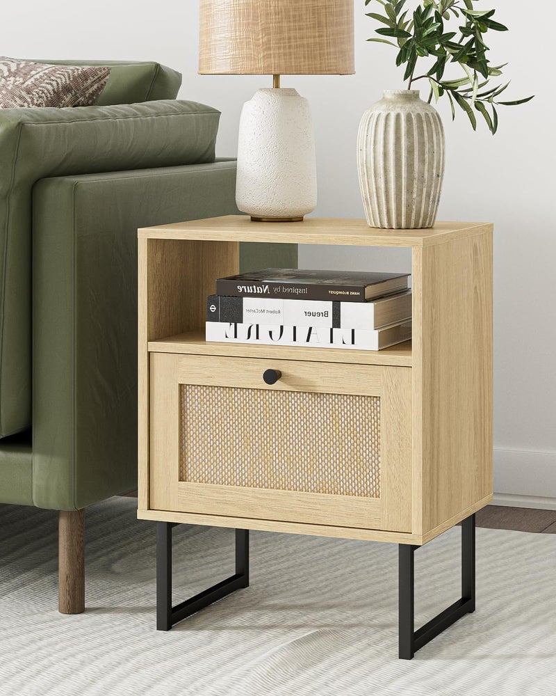Masupu Rattan Nightstand,Modern Boho Farmhouse Wood Bedside Table with Storage Drawer and Open Shelf,Small Black Frame Side End Table for Bedroom,Living Room,Office (Natural) - Image 3