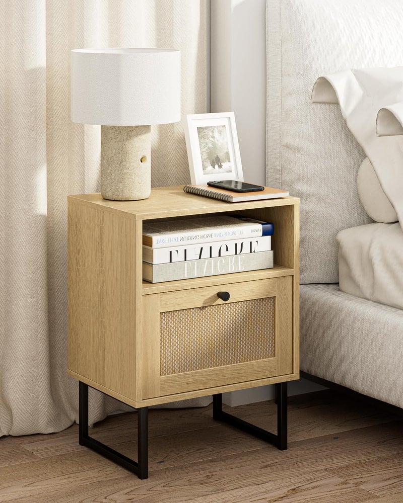 Masupu Rattan Nightstand,Modern Boho Farmhouse Wood Bedside Table with Storage Drawer and Open Shelf,Small Black Frame Side End Table for Bedroom,Living Room,Office (Natural) - Image 1