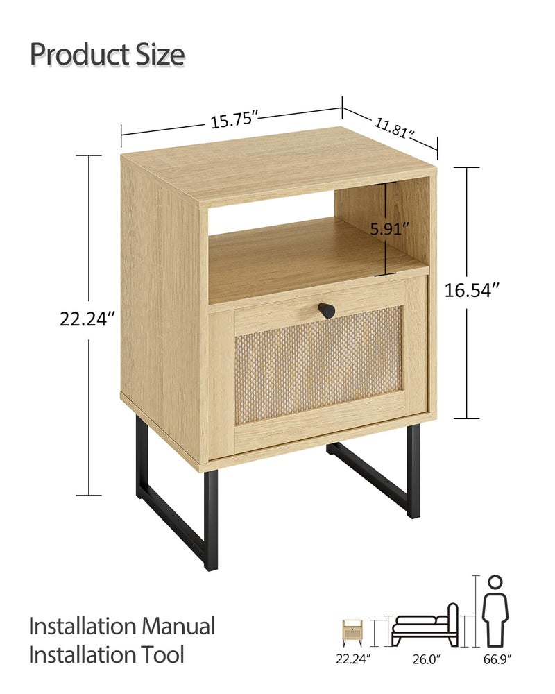 Masupu Rattan Nightstand,Modern Boho Farmhouse Wood Bedside Table with Storage Drawer and Open Shelf,Small Black Frame Side End Table for Bedroom,Living Room,Office (Natural) - Image 2