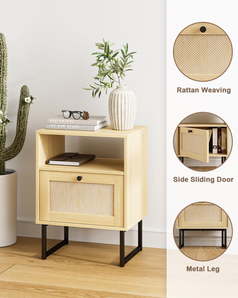 Masupu Rattan Nightstand,Modern Boho Farmhouse Wood Bedside Table with Storage Drawer and Open Shelf,Small Black Frame Side End Table for Bedroom,Living Room,Office (Natural) - Image 5