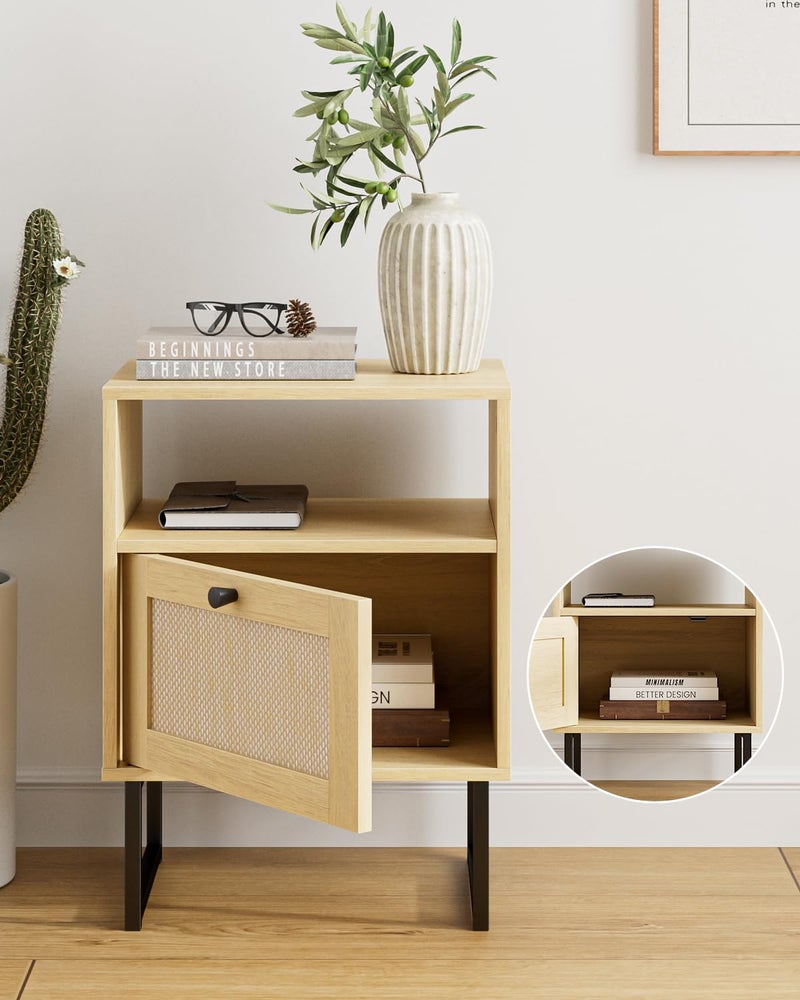 Masupu Rattan Nightstand,Modern Boho Farmhouse Wood Bedside Table with Storage Drawer and Open Shelf,Small Black Frame Side End Table for Bedroom,Living Room,Office (Natural) - Image 4