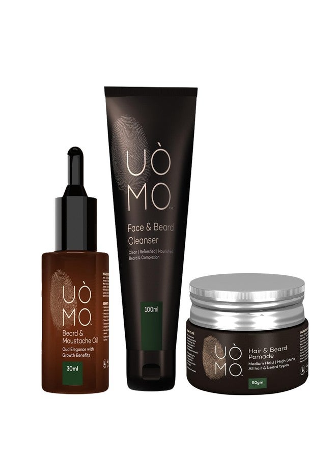 UOMO Beard & Moustache Oil, Beard & Face Wash Cleanser, Hair Styling Pomade Wax- Grooming Kit & Gift for Men (100ml+30ml+50g) - Image 1