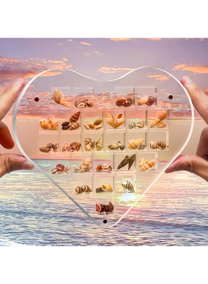 SOLARAE Heart Shaped Acrylic Magnetic Seashell Display Box, Seashell Display Collection Box, Clear Acrylic Jewels Collection Box, Grids Showcase Shelves with Lid for Bead, Nail, Jewelry, 25 Grids - Image 1