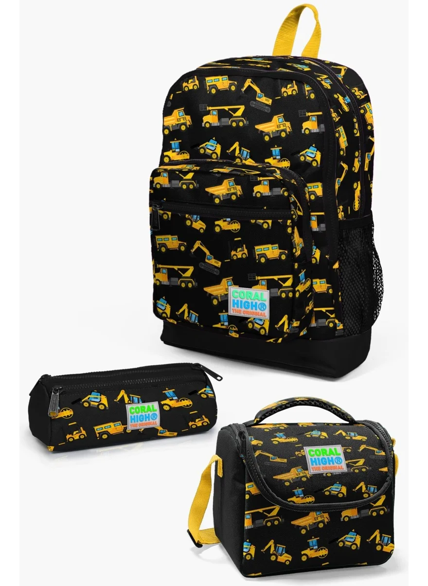 كورال هاي Kids Black and Yellow Engineering Vehicle Patterned 3-Piece School Bag Set