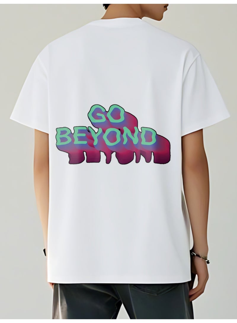 تي شيرت رجالي من القطن الخالص برقبة دائرية بطباعة 'GO BEYOND' على الوجهين، أبيض - Image 2