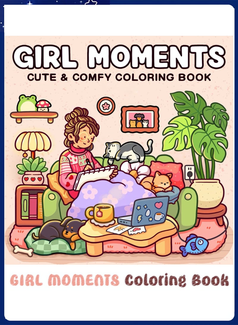 Coloring Book for Adults & Teens, Girl Moments: Cute & Cozy Daily Relaxation Activity with Whimsical Illustrations of Girls Reading with Pets, Perfect for Stress Relief, Cozy Spaces & Holiday Gifting - Image 1
