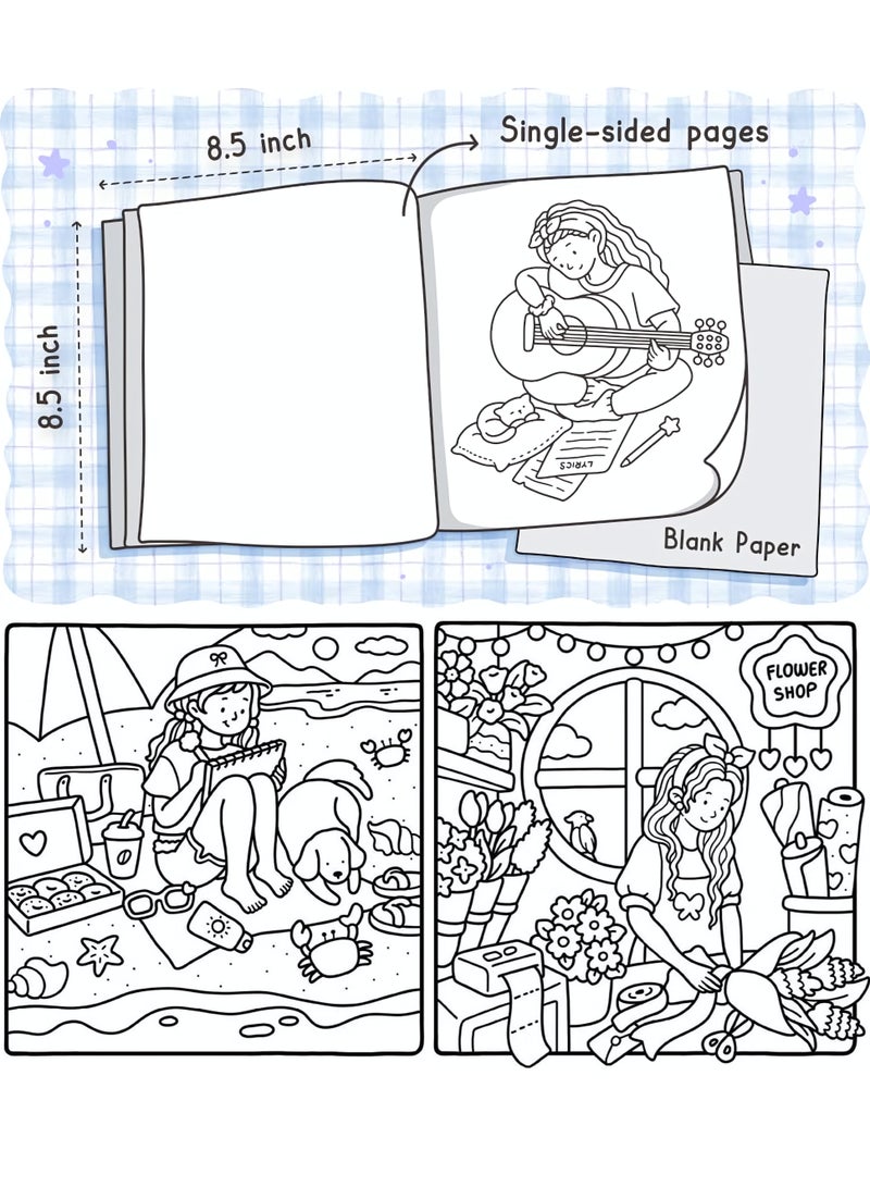Coloring Book for Adults & Teens, Girl Moments: Cute & Cozy Daily Relaxation Activity with Whimsical Illustrations of Girls Reading with Pets, Perfect for Stress Relief, Cozy Spaces & Holiday Gifting - Image 5