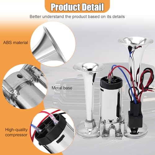 Tuxihapp 12V 130dB Dual Trumpet Air Horn Kit with Compressor - Loud Dual Electric Train Horn for Cars Boats Trucks SUV - High/Low Tube Air Horns Speaker Kit Car Accessories (Sliver) - Image 3