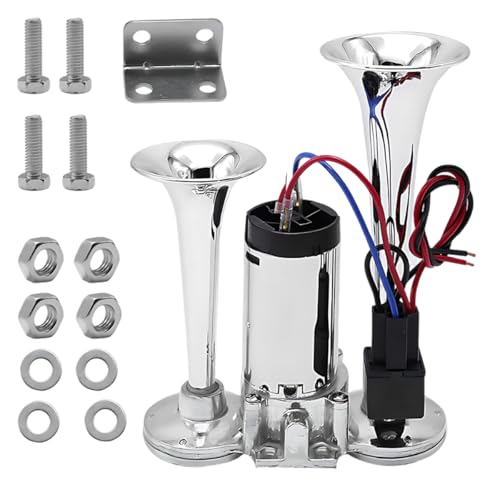 Tuxihapp 12V 130dB Dual Trumpet Air Horn Kit with Compressor - Loud Dual Electric Train Horn for Cars Boats Trucks SUV - High/Low Tube Air Horns Speaker Kit Car Accessories (Sliver) - Image 1