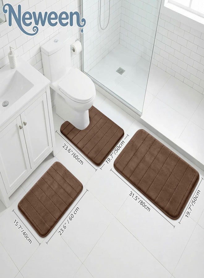 Neween 3 Piece Memory Foam Bath Mat Set - Thick Cushioned Soft Fabric Bathroom Rugs, Non-Slip Absorbent & Quick Dry Bath Mats for Bathroom Floor, Includes Large, Small and U-Shaped Toilet Rug (Brown) - Image 2