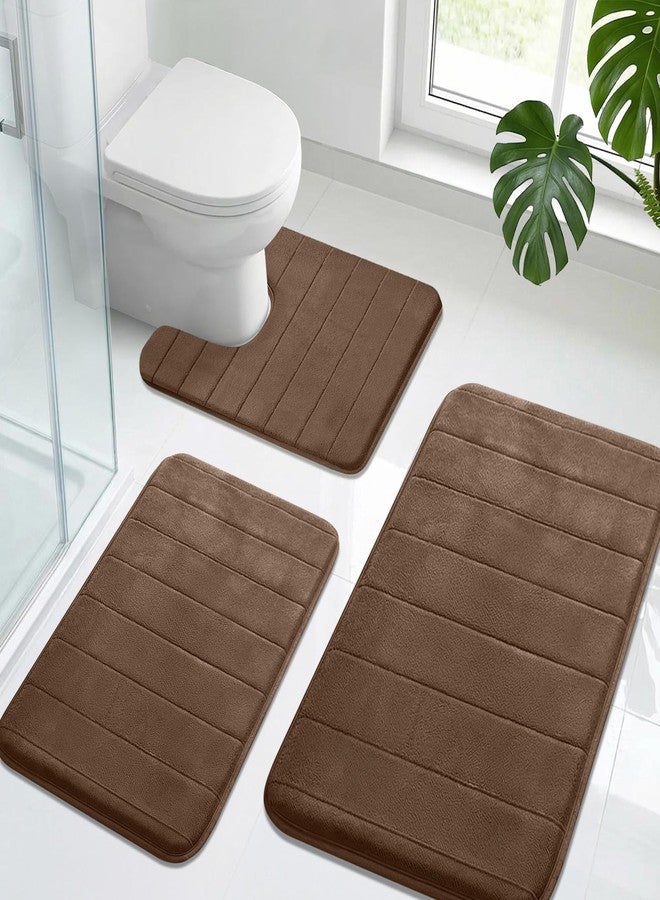 Neween 3 Piece Memory Foam Bath Mat Set - Thick Cushioned Soft Fabric Bathroom Rugs, Non-Slip Absorbent & Quick Dry Bath Mats for Bathroom Floor, Includes Large, Small and U-Shaped Toilet Rug (Brown) - Image 1