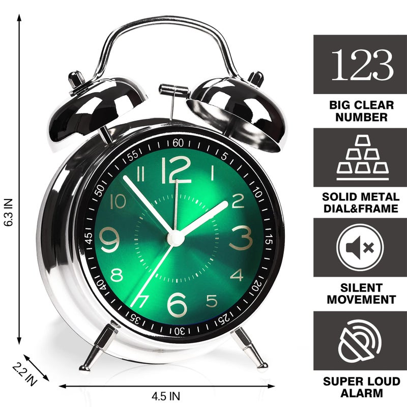 AYRELY Super Loud Alarm Clock for Heavy Sleepers Adults,Twin Bell Retro 4 Inch Silent Non-Ticking Quartz with Backlight, Metal dial, Alarm Clocks for Bedrooms Bedside (Green) - Image 2