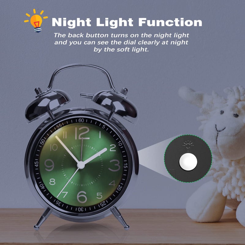 AYRELY Super Loud Alarm Clock for Heavy Sleepers Adults,Twin Bell Retro 4 Inch Silent Non-Ticking Quartz with Backlight, Metal dial, Alarm Clocks for Bedrooms Bedside (Green) - Image 5
