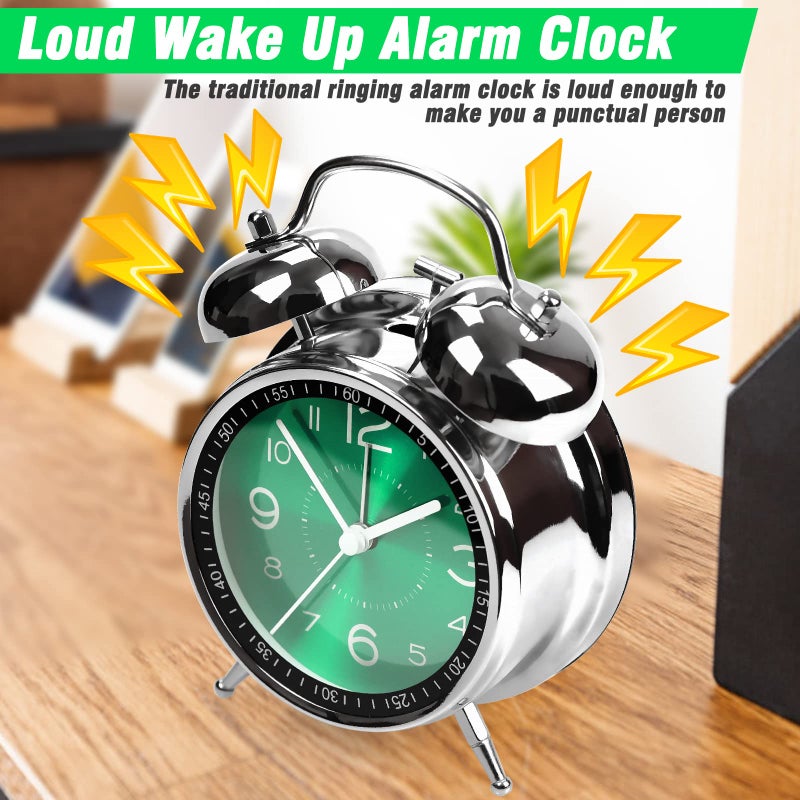 AYRELY Super Loud Alarm Clock for Heavy Sleepers Adults,Twin Bell Retro 4 Inch Silent Non-Ticking Quartz with Backlight, Metal dial, Alarm Clocks for Bedrooms Bedside (Green) - Image 4