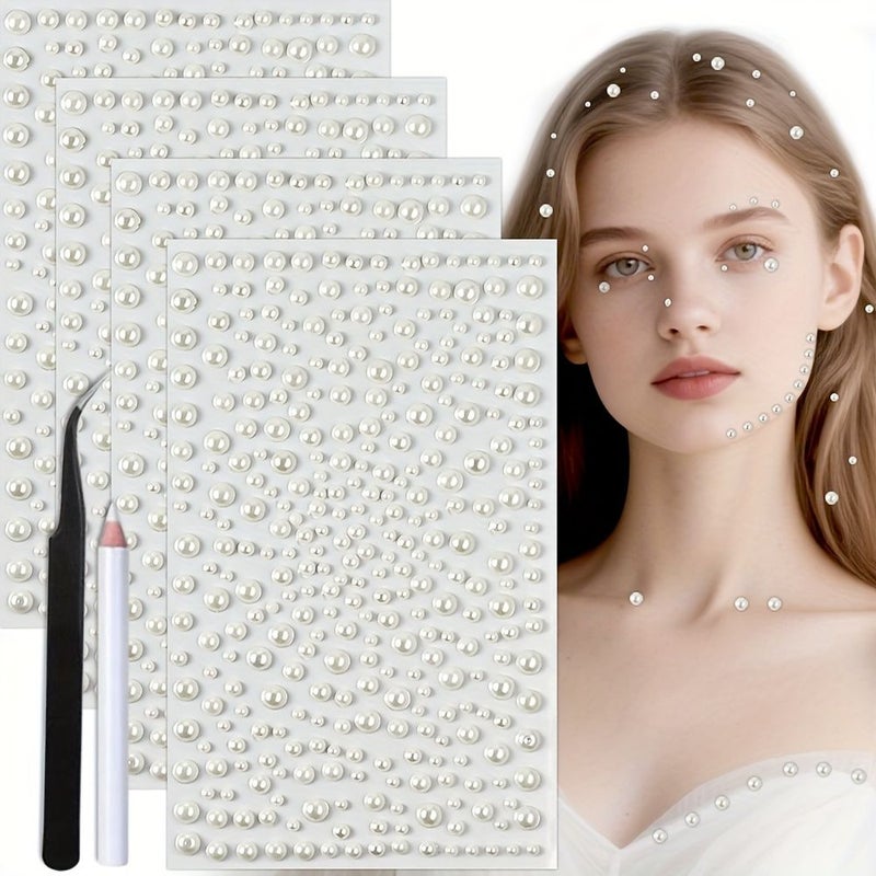 4pcs White Pearls Self-Adhesive Stickers Multi Size White Sheets For Nails Hair Face DIY Craft Gem Decals Makeup Manicure - Image 1