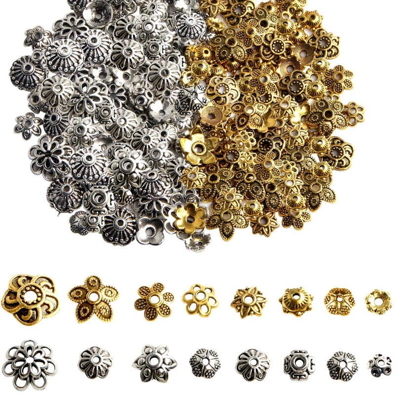 FEBSNOW FEBSNOW About 160Pcs Spacer Beads Caps Bali Style Mixed Tibetan Silver and Antique Gold Flower Bead Caps for Bracelet Necklace Earrings Jewelry Making Supplies 