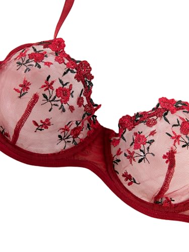 Lilosy Women Sexy Floral Embroidered Mesh Sheer Underwire Push Up Lingerie Set See Through Bra and Panty 2 Piece Flower Burgundy Red Medium - Image 4