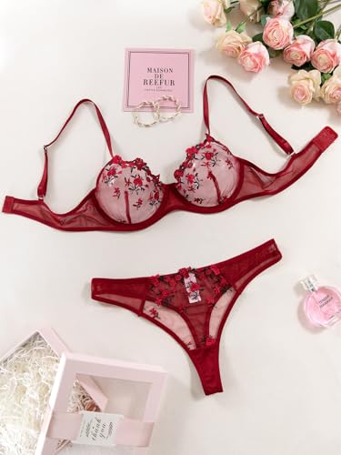 Lilosy Women Sexy Floral Embroidered Mesh Sheer Underwire Push Up Lingerie Set See Through Bra and Panty 2 Piece Flower Burgundy Red Medium - Image 5