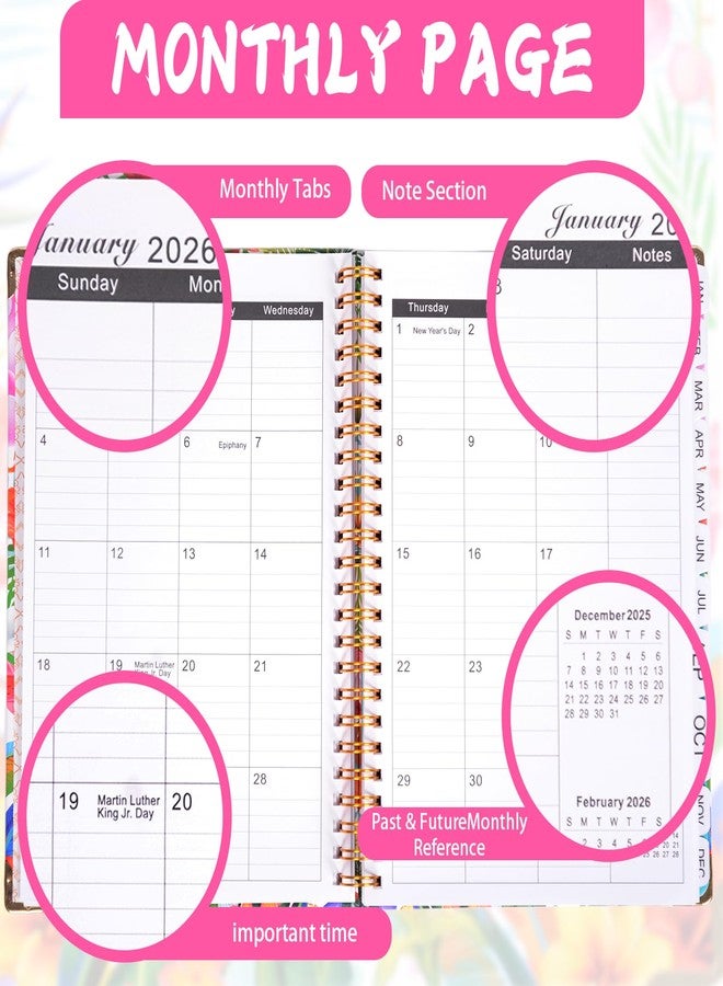 Toplive 2026-2027 Planner Monthly Weekly Planner - Jan. 2026 - Dec. with Monthly Tabs + Contacts + Calendars + Holidays + Pocket, 6.2" x 8.5" Twin-Wire Binding Agenda Book Academic Planner - Flamingo - Image 4