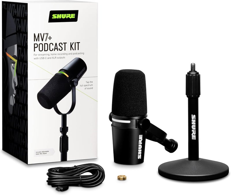 Shure MV7+ Podcast Microphone with Stand - Enhanced Audio, LED Touch Panel, USB-C & XLR Outputs, Auto Level Mode, Digital Pop Filter, Reverb Effects - Black - Image 2