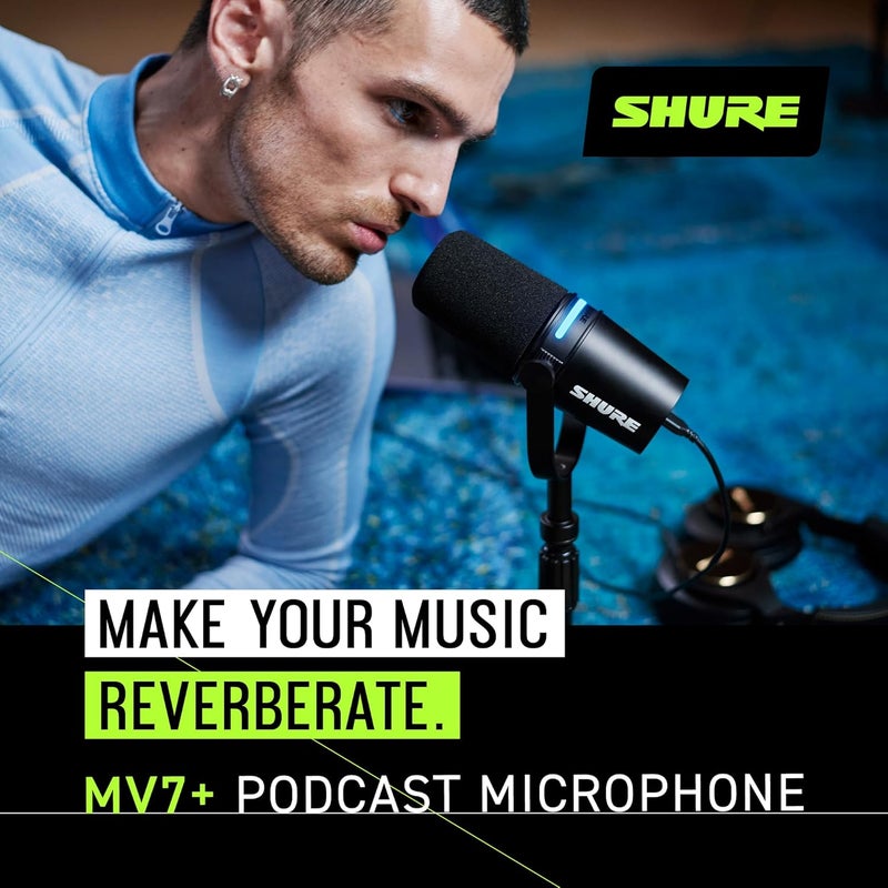 Shure MV7+ Podcast Microphone with Stand - Enhanced Audio, LED Touch Panel, USB-C & XLR Outputs, Auto Level Mode, Digital Pop Filter, Reverb Effects - Black - Image 5