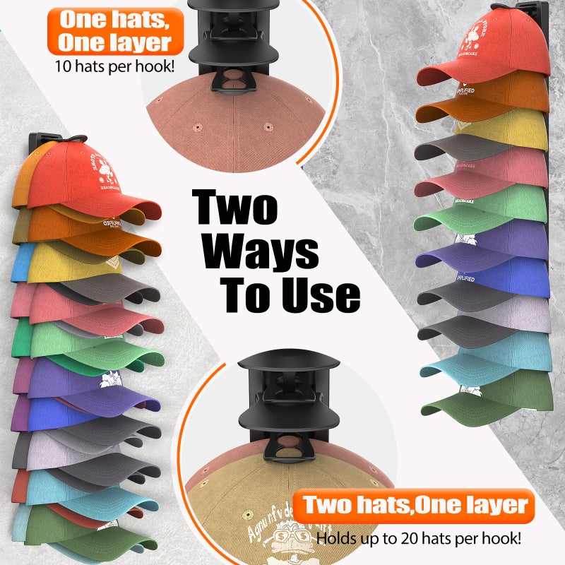 HeQe Hat Organizer for Baseball Caps Hold Up to 40 Hats, 2 Pack Hat Rack for Wall, Strong Adhesive Hat Storage Display Holder for Closet Door and Wall (Black) - Image 3