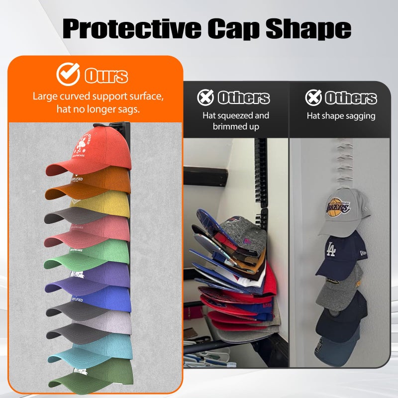 HeQe Hat Organizer for Baseball Caps Hold Up to 40 Hats, 2 Pack Hat Rack for Wall, Strong Adhesive Hat Storage Display Holder for Closet Door and Wall (Black) - Image 4