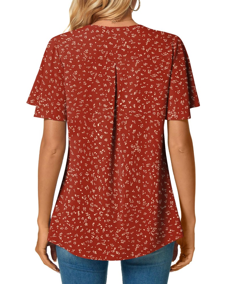 Anyally Women's Summer Dressy Chiffon Blouses V Neck Ruffle Short Sleeve Tunic Tops for Leggings Casual T-Shirts, XL Red - Image 4