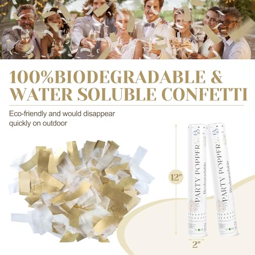 Pilvepidu White Mix Gold Rice Confetti Cannon,6Pack Biodegradable Mulitcolor Confetti Poppers Party Shooters,12inch Party Poppers For Lawns Wedding,Birthday,Celebrations,Photo Shoots and New Years. - Image 3