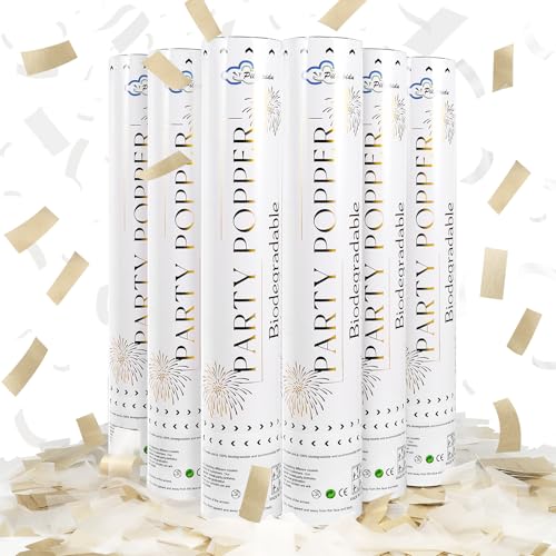 Pilvepidu White Mix Gold Rice Confetti Cannon,6Pack Biodegradable Mulitcolor Confetti Poppers Party Shooters,12inch Party Poppers For Lawns Wedding,Birthday,Celebrations,Photo Shoots and New Years. - Image 1