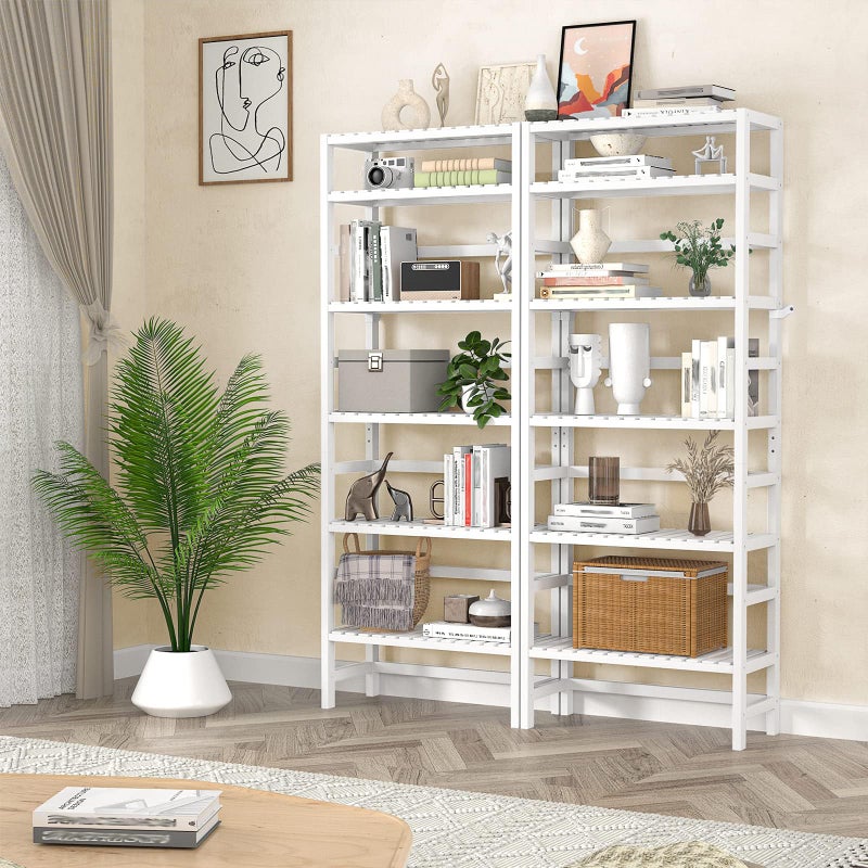 Homykic 6-Tier Bamboo Bookshelves and Bookcases, Adjustable 63.4â€Tall Shallow Book Shelf Organizer Rack, Freestanding Storage Shelving Unit for Living Room, Kitchen, Bathroom, Office, White - Image 3
