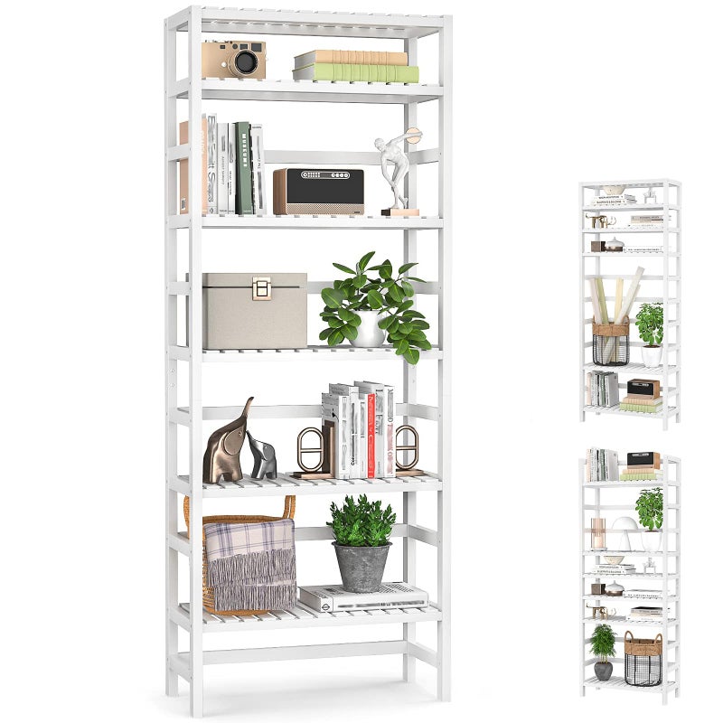 Homykic 6-Tier Bamboo Bookshelves and Bookcases, Adjustable 63.4â€Tall Shallow Book Shelf Organizer Rack, Freestanding Storage Shelving Unit for Living Room, Kitchen, Bathroom, Office, White - Image 1