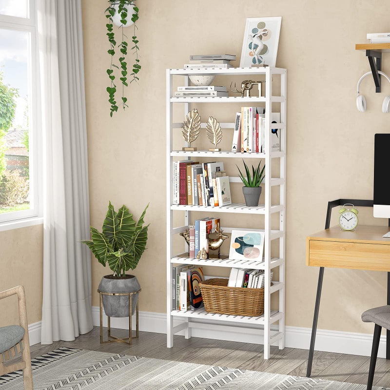 Homykic 6-Tier Bamboo Bookshelves and Bookcases, Adjustable 63.4â€Tall Shallow Book Shelf Organizer Rack, Freestanding Storage Shelving Unit for Living Room, Kitchen, Bathroom, Office, White - Image 2