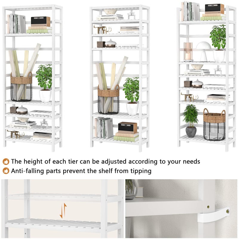 Homykic 6-Tier Bamboo Bookshelves and Bookcases, Adjustable 63.4â€Tall Shallow Book Shelf Organizer Rack, Freestanding Storage Shelving Unit for Living Room, Kitchen, Bathroom, Office, White - Image 4
