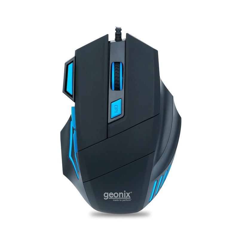 GEONIX Vigor R6 Wired Gaming Mouse with 3600 DPI, 7 Buttons, Advanced Sensor, Soothing Blue Backlight, Braided Cable, 1 Year Warranty (Black Blue) - Image 1