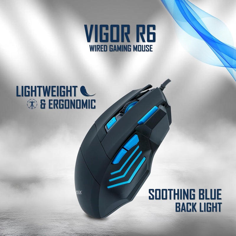 GEONIX Vigor R6 Wired Gaming Mouse with 3600 DPI, 7 Buttons, Advanced Sensor, Soothing Blue Backlight, Braided Cable, 1 Year Warranty (Black Blue) - Image 2