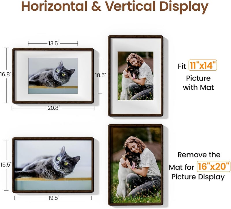 Heimlove 16x20 Picture Frame Natural Oak Wood From California-USA Walnut Color Finished with Real Tempered Glass, Handcrafted 16 x 20 Poster Frame Matted to 11x14 Photo,Certificate,Degree,Graduation Display - Image 5