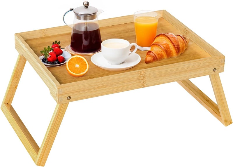 RRX Bamboo Bed Tray Table with Folding Leg, Breakfast in Bed Tray for Eating,TV Table, Laptop Computer,Snack,Sofa or Working, Laptop Desk (1, Beige) - Image 1