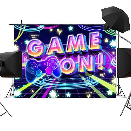 Newsely Neon Party Supplies Game On Backdrop 7Wx5H Photography Glow Gamer Gaming Game Night Controller Gamepad Graffiti Background for Kids Boys Playroom Party Decorations Banner Photo Props Birthday - Image 3