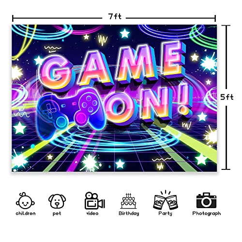 Newsely Neon Party Supplies Game On Backdrop 7Wx5H Photography Glow Gamer Gaming Game Night Controller Gamepad Graffiti Background for Kids Boys Playroom Party Decorations Banner Photo Props Birthday - Image 4