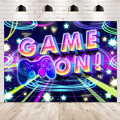 Newsely Neon Party Supplies Game On Backdrop 7Wx5H Photography Glow Gamer Gaming Game Night Controller Gamepad Graffiti Background for Kids Boys Playroom Party Decorations Banner Photo Props Birthday - Image 1