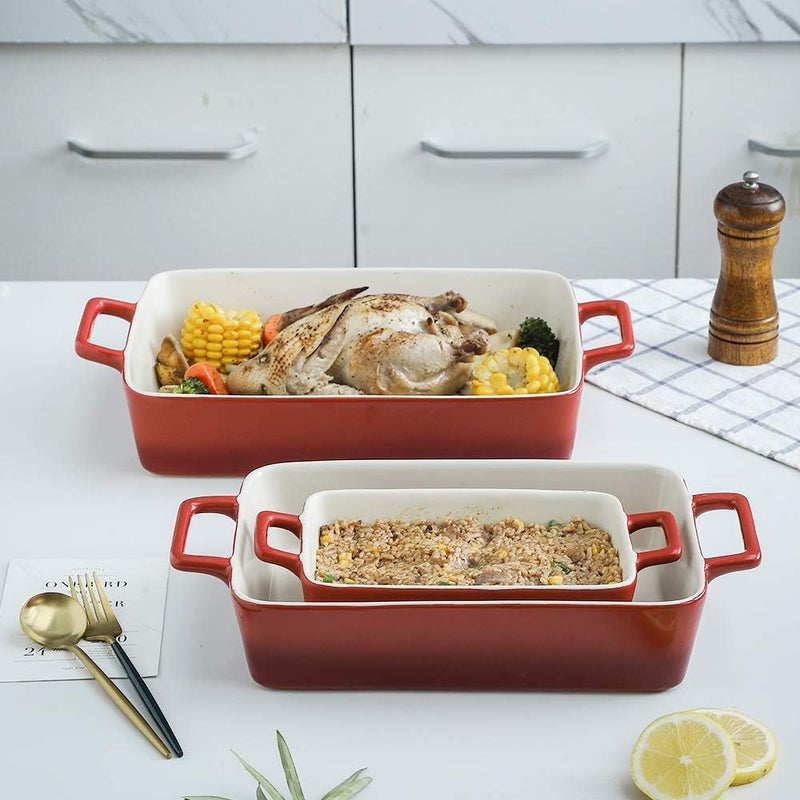 KOOV Bakeware Set, Ceramic Baking Dish, Rectangular Baking Pans Set, Casserole Dish for Cooking, Cake Dinner, Kitchen, Wrapping Upgrade, 12 x 8.5 Inches, 3-Piece (Gradient Red) - Image 4