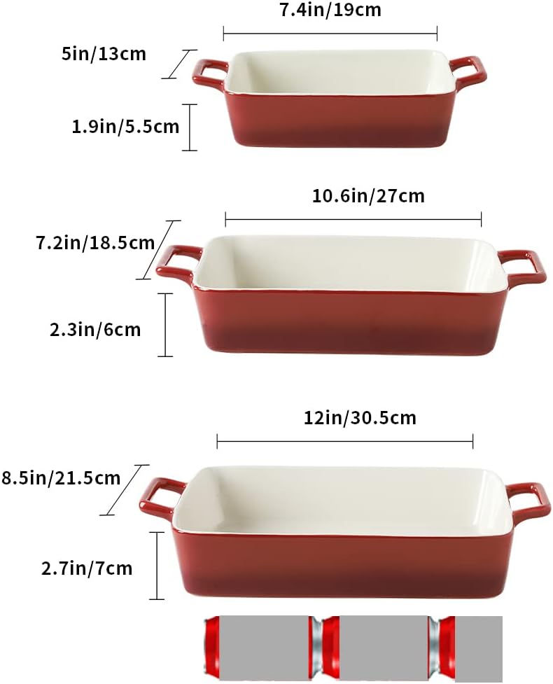 KOOV Bakeware Set, Ceramic Baking Dish, Rectangular Baking Pans Set, Casserole Dish for Cooking, Cake Dinner, Kitchen, Wrapping Upgrade, 12 x 8.5 Inches, 3-Piece (Gradient Red) - Image 3