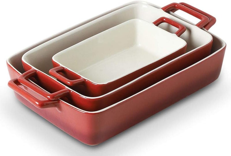 KOOV Bakeware Set, Ceramic Baking Dish, Rectangular Baking Pans Set, Casserole Dish for Cooking, Cake Dinner, Kitchen, Wrapping Upgrade, 12 x 8.5 Inches, 3-Piece (Gradient Red) - Image 1