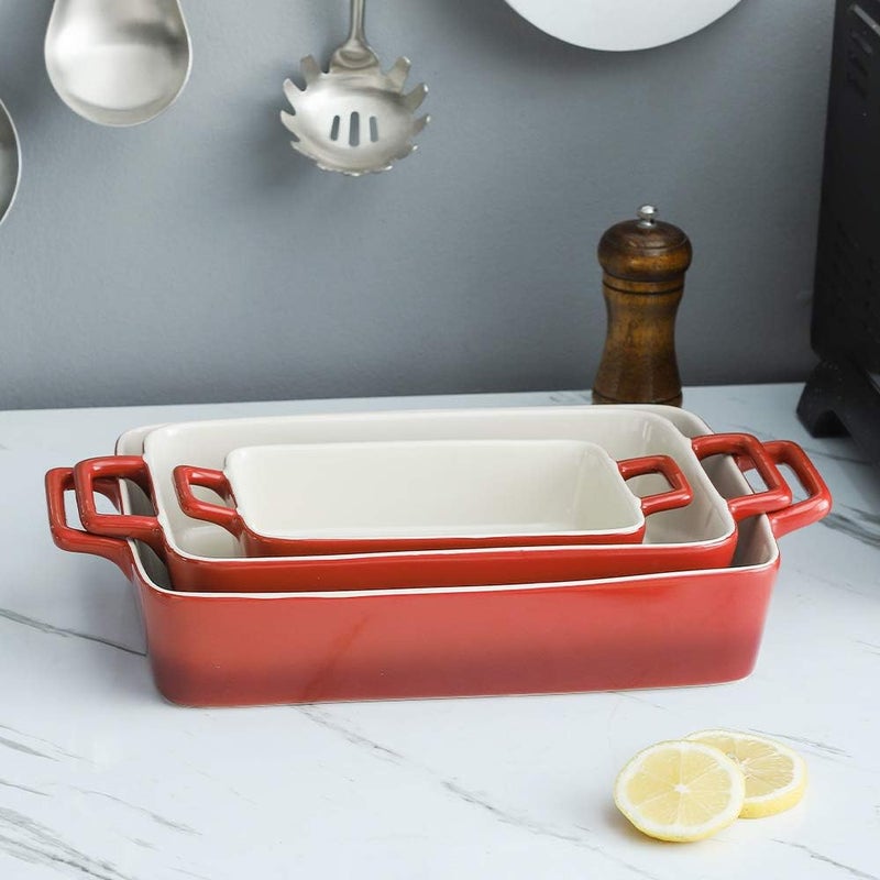KOOV Bakeware Set, Ceramic Baking Dish, Rectangular Baking Pans Set, Casserole Dish for Cooking, Cake Dinner, Kitchen, Wrapping Upgrade, 12 x 8.5 Inches, 3-Piece (Gradient Red) - Image 2