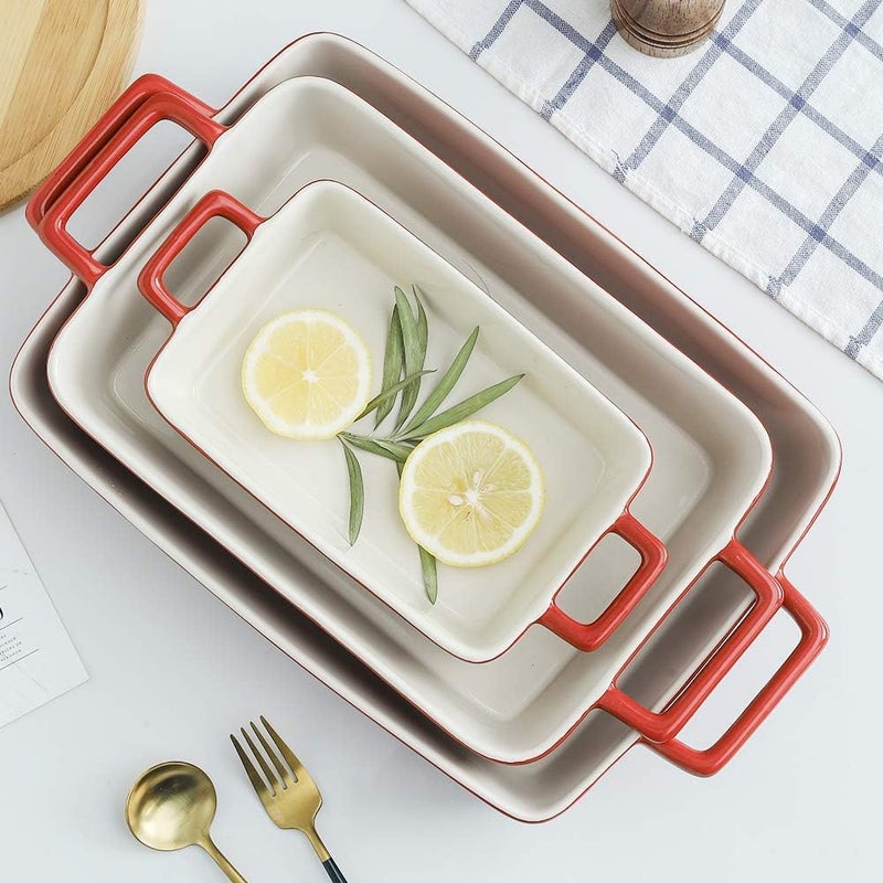 KOOV Bakeware Set, Ceramic Baking Dish, Rectangular Baking Pans Set, Casserole Dish for Cooking, Cake Dinner, Kitchen, Wrapping Upgrade, 12 x 8.5 Inches, 3-Piece (Gradient Red) - Image 5