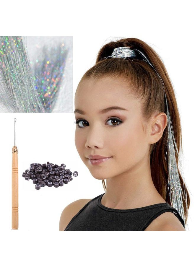 La Bella 47" Holographic Hair Tinsel Kit Shining Silver Professional Sparkle Heat-Resistant Silk Hairpieces, Hair Accessories for Girls, Party Hair, Gifts for Girls (1000 Strands, Shining Silver)  - Image 2