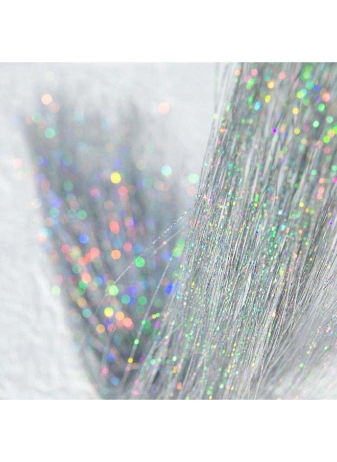 La Bella 47" Holographic Hair Tinsel Kit Shining Silver Professional Sparkle Heat-Resistant Silk Hairpieces, Hair Accessories for Girls, Party Hair, Gifts for Girls (1000 Strands, Shining Silver)  - Image 1