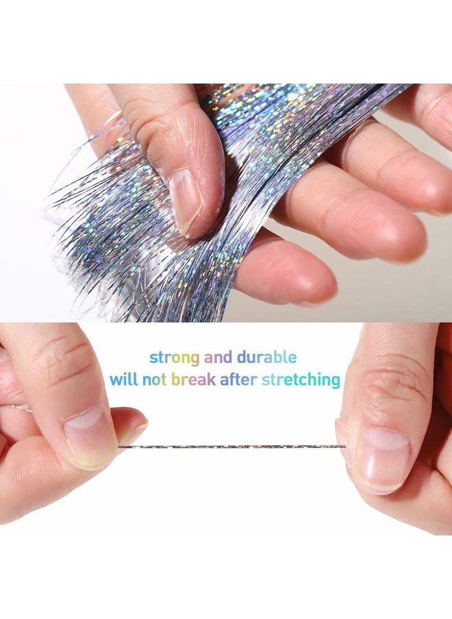 La Bella 47" Holographic Hair Tinsel Kit Shining Silver Professional Sparkle Heat-Resistant Silk Hairpieces, Hair Accessories for Girls, Party Hair, Gifts for Girls (1000 Strands, Shining Silver)  - Image 5